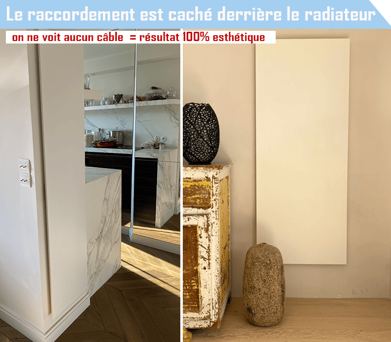 Résultat 100% esthétique car le câble électrique est caché derrière le radiateur