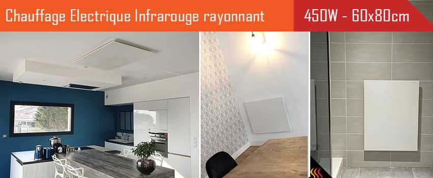 Radiateur électrique infrarouge extra plat 450 Watts - 60x80cm pose verticale, horizontale, murale, plafond, rampants