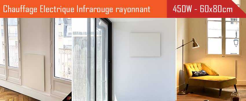 Radiateur électrique infrarouge extra plat 450 Watts - 60x80cm pose verticale, horizontale, murale, plafond, rampants