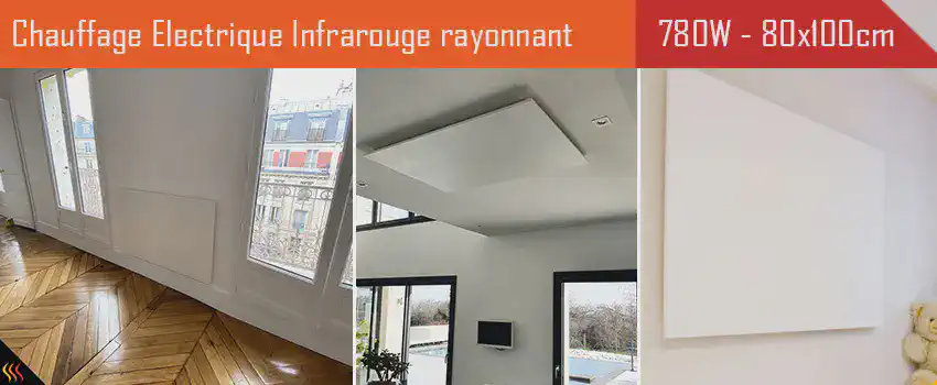 Radiateur électrique infrarouge extra plat 780 Watts - 80 cm x 100cm pose verticale, horizontale, murale, plafond, rampants