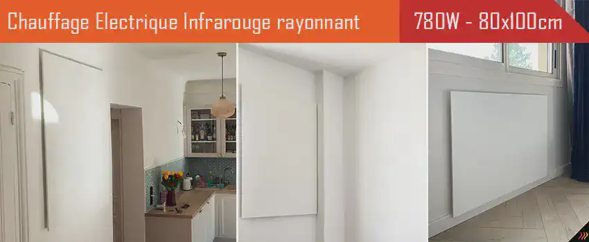 Radiateur électrique infrarouge extra plat 780 Watts - 80 cm x 100cm pose verticale, horizontale, murale, plafond, rampants