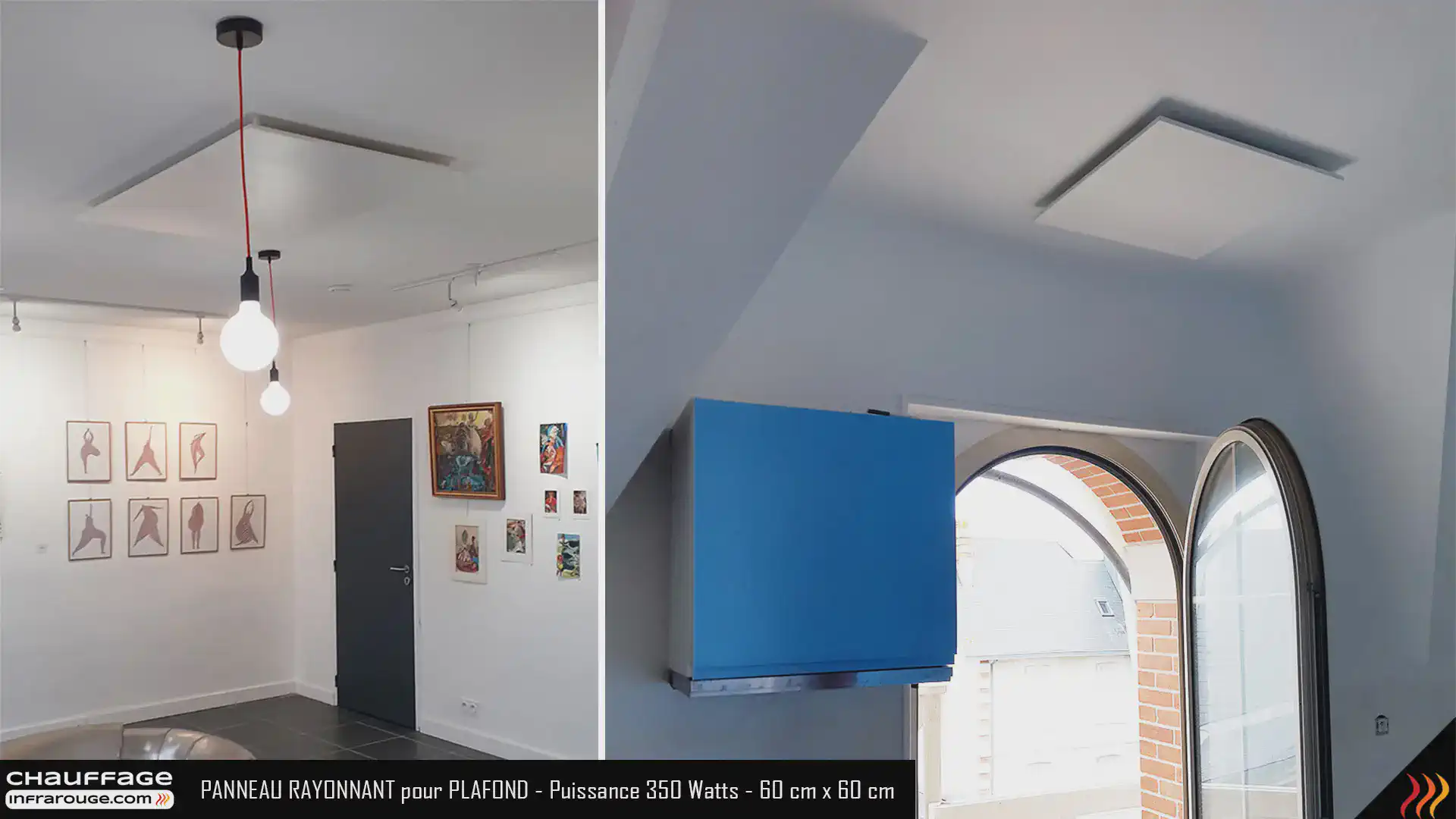 Panneau rayonnant infrarouge Heat4all extra plat 350 Watts - 60 cm x 60 cm pose verticale, horizontale, murale, plafond, rampants musée cuisine