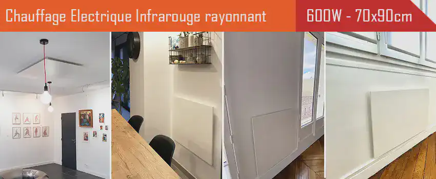 Radiateur électrique infrarouge extra plat 600 Watts - 70x90cm pose verticale, horizontale, murale, plafond, rampants